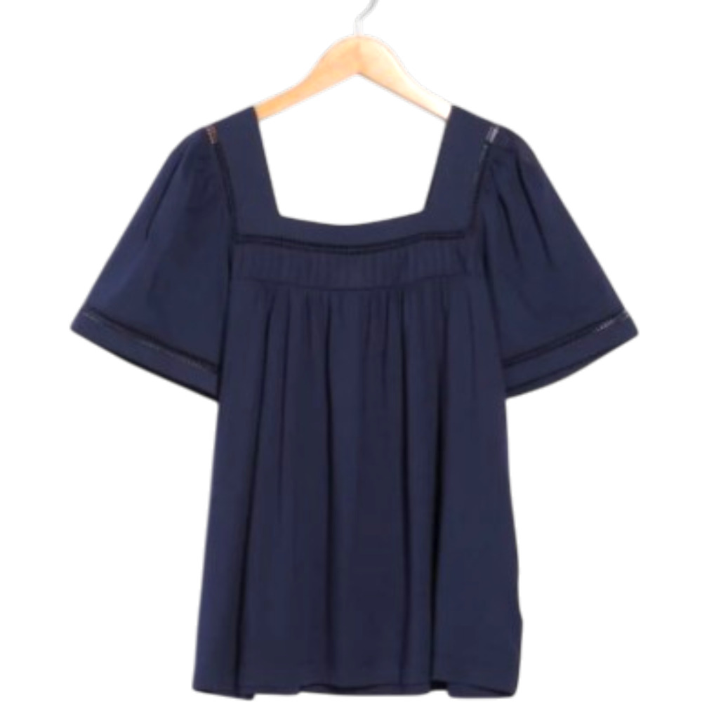 Elie Tahari Navy Blue Square Neck Pintuck Top Size M 6-10